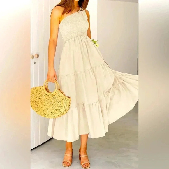 Dresses & Skirts - Women's Bohemian Summer One Shoulder Sleeveless Ruffle Tiered Long Midi Dress
